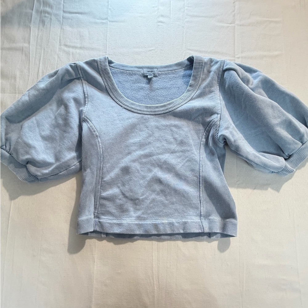 Aerie Light Blue Puff Sleeve Cropped Sweatshirt XS Casual Loungewear Balletcore - Picture 2 of 7
